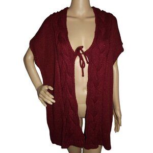 NKD Cardigan Sweater Womens Size 22 Burgundy Red Long Cable Knit Tie Front cap
